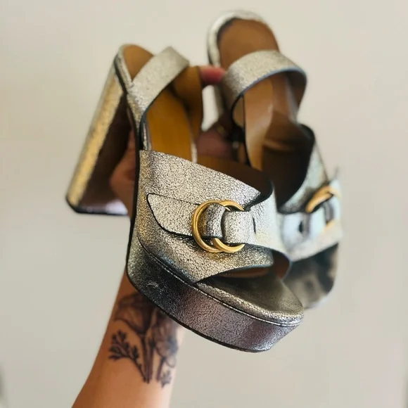 Chloè Gold Metallic 70s Leather Glam Platform Ankle Strap Sexy Disco Heels 37/7 - Picture 1 of 9